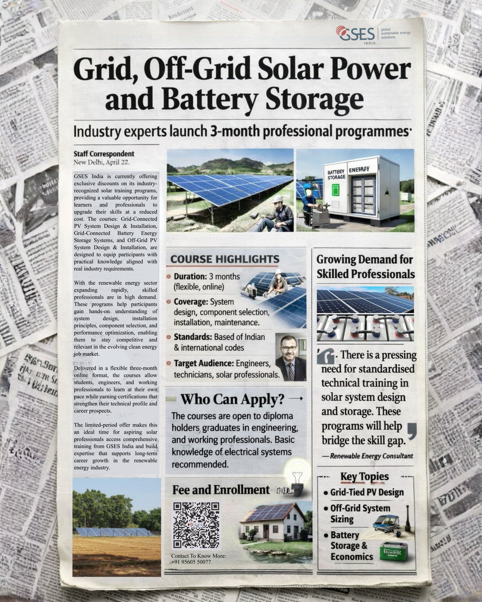 Power up your career ⚡🌞 
GSES India offers limited-period discounts on 3-month online courses in Grid-Connected PV, Battery Storage &amp; Off-Grid Systems. Flexible, practical, industry-aligned training for students and professionals, now at INR 35,675.

📩 training@gses.in now!