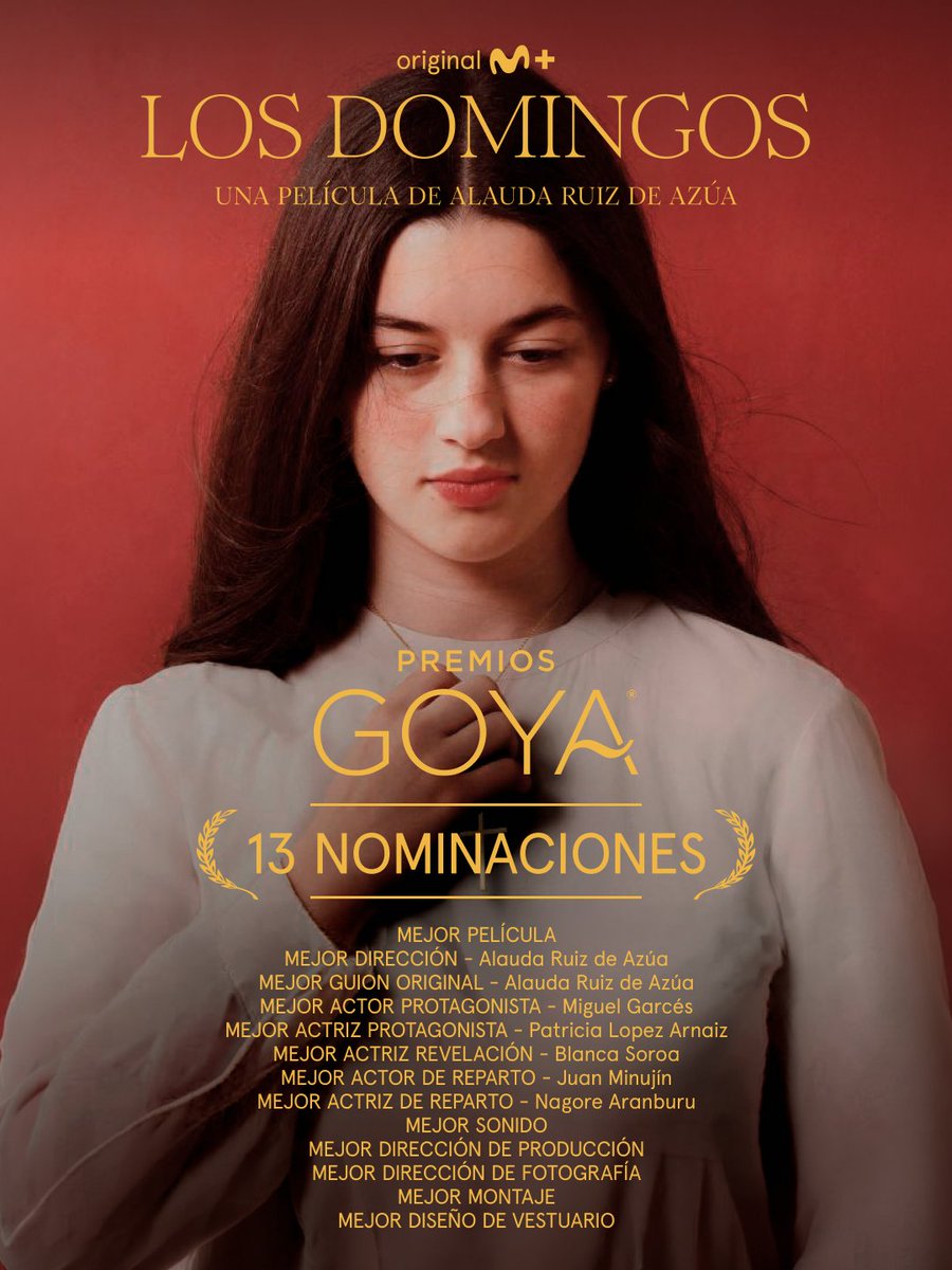 MovistarPlus's tweet photo. Incluido a ‘Mejor Película’, #LosDomingos, título original Movistar Plus+, es la película con más nominaciones en los Premios #Goya2026. ¡Enhorabuena por hacer historia! https://t.co/ANr2vVoRaX