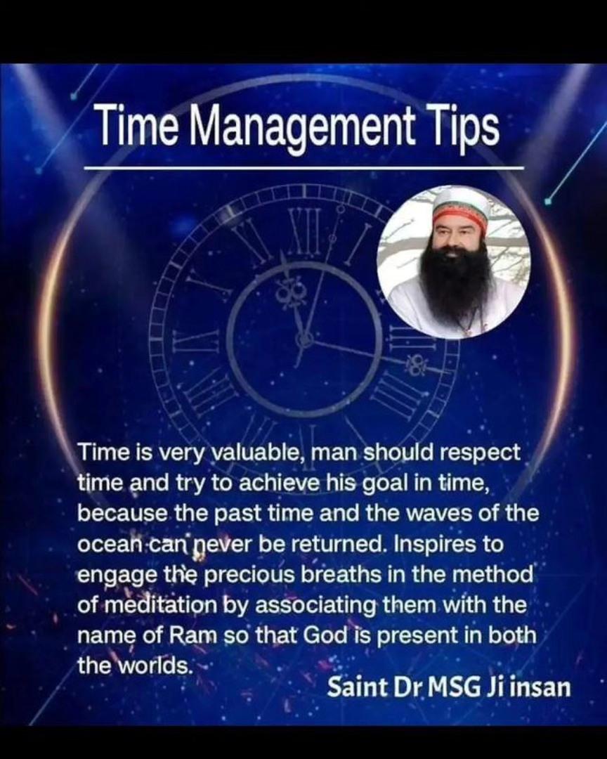 Nehainsan25's tweet photo. A person who follows an effective #TimeManagement leads a balanced and successful life. Which reduces stress and increases concentration.Therefore Saint Gurmeet Ram Rahim Ji recommends #ValueYourTime and also emphasizes on including meditation in daily routine
#TimeManagementTips https://t.co/tw9pnwsvOt