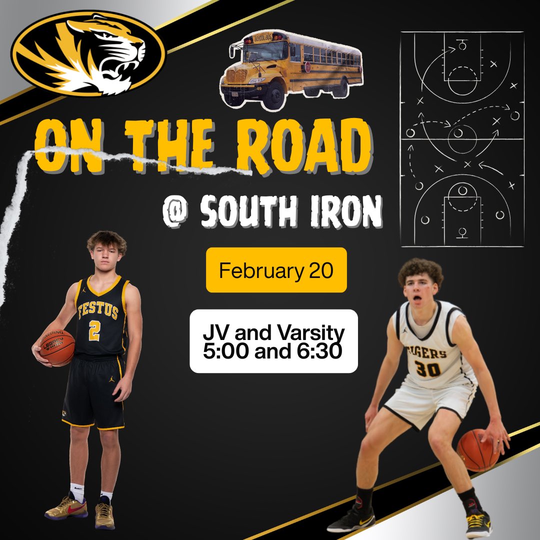 TigersBoysBball's tweet photo. 🏀🔥 GAME DAY 🔥🏀

The Festus Tigers hit the road again tonight to take on South Iron in a doubleheader! 
Festus(16-7) vs South Iron(20-5)

📅 Friday 2/20/26
📍 Ironton, Missouri 🕔 JV – 5:00 PM 🕕 Varsity – 6:30 PM
@FESTUSAthletics 
@STLhssports https://t.co/DpozeewiLy