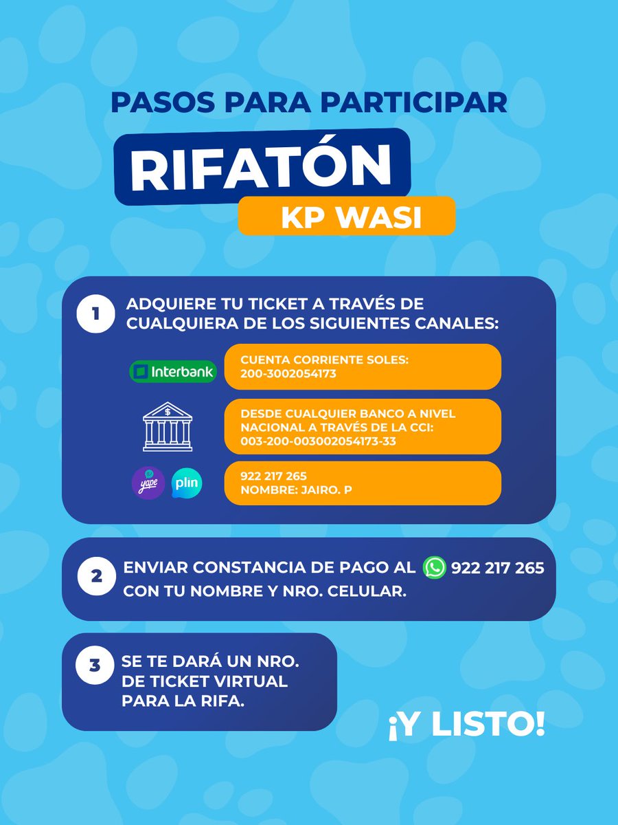 ¡Con tu ayuda podemos salvar vidas y cambiar historias! 🐾💙

Cada día, miles de perritos y gatitos viven en las calles sin alimento, sin refugio y sin alguien que los proteja. Participar en la RIFATÓN KP WASI significa más que comprar un ticket:

¡Súmate y comparte! 🐾