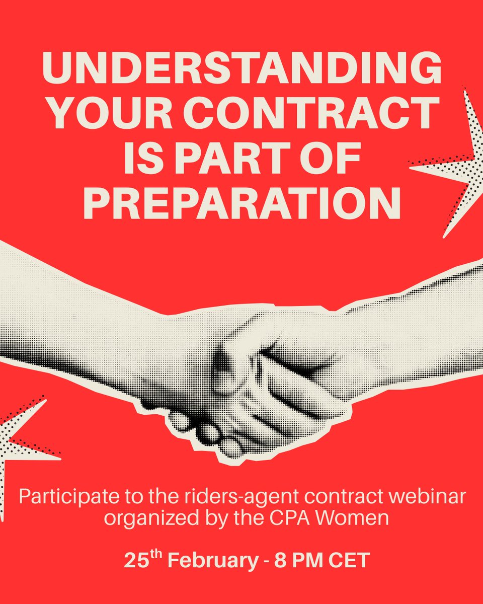 women_cpa's tweet photo. RIDERS-AGENT CONTRACT WEBINAR INVITATION

On February 25th at 8 PM don't miss the meeting for professional men and women riders with Cristiano Novazio, sports lawyer experienced in international athlete representation.

#Cpa #WeAreTheRiders #StrongerTogether #ProCyling #Cycling https://t.co/lqZveXJENp