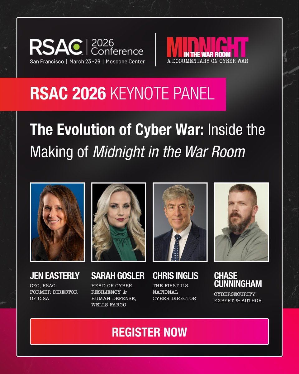 MidnightWarRoom's tweet photo. Excited to share that Semperis' new documentary Midnight in the War Room will be the topic of a keynote at @OneRSAC 2026 on Mar 26. Jen Easterly, Chris Inglis, Sarah Gosler, &amp; Chase Cunningham will dive into the human side of cyber conflict and what it means for today’s defenders https://t.co/JIPm6OlekJ