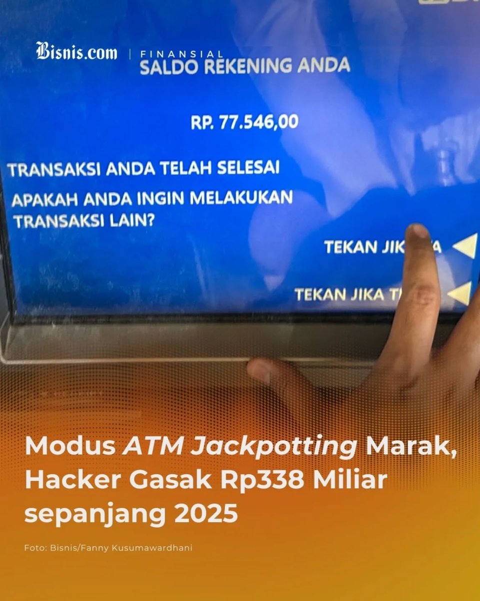 Bisniscom's tweet image. FBI melaporkan peningkatan signifikan dalam serangan jackpotting pada ATM, dengan lebih dari 700 insiden terjadi sepanjang 2025, mengakibatkan kerugian sekitar Rp338,4 miliar. Peretas mengombinasikan akses fisik dan digital… instagram.com/p/DU-3gIegdWO/… #hacker #fbi #atmjackpotting