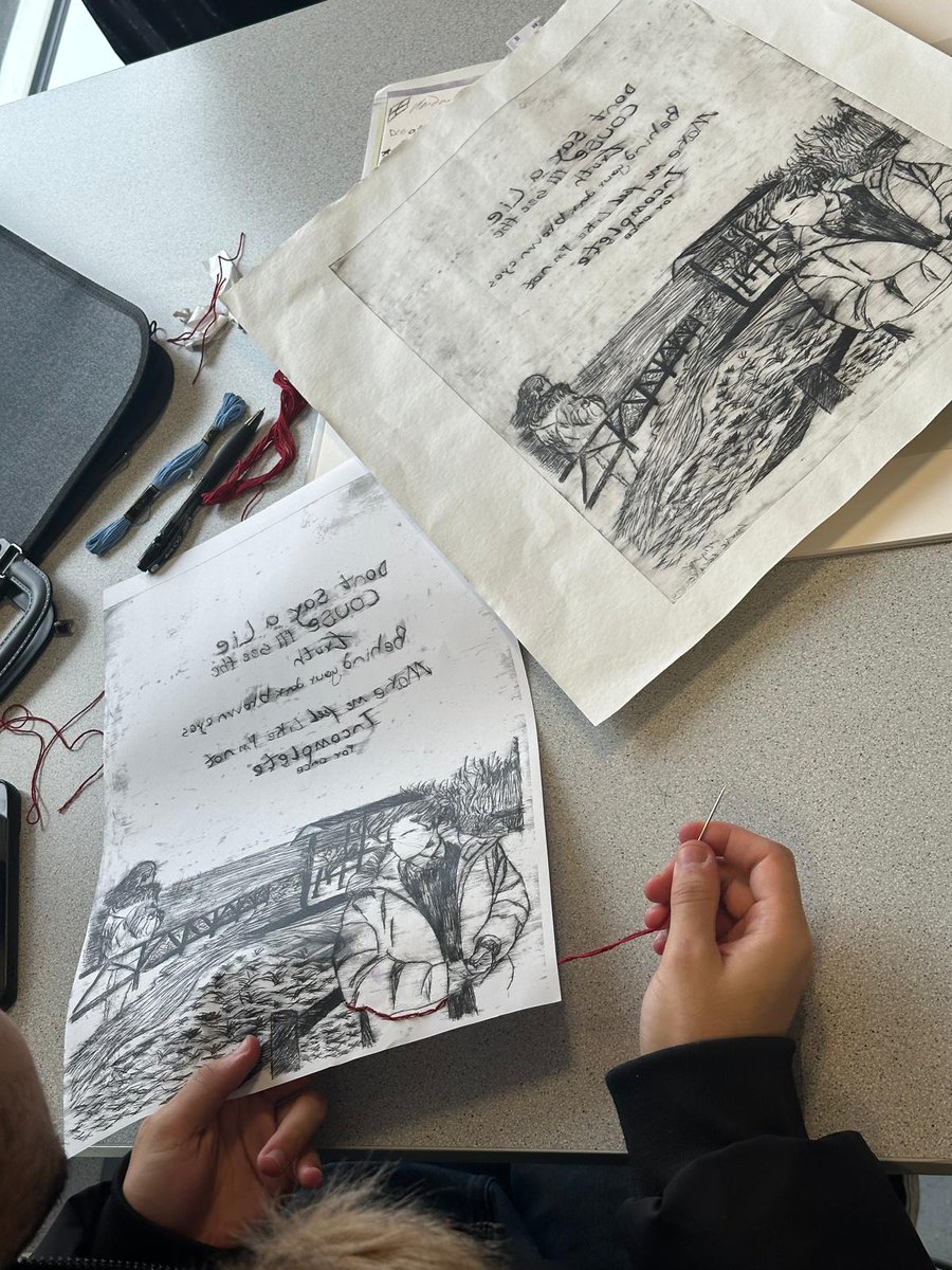 KnowsleyCollege's tweet photo. Our Level 3 BTEC Art and Design (First Year) students at Knowsley Community College have been turning their illustrations into embroidered artworks, exploring colour, texture and stitch in creative new ways 🤩

#KCC #ArtAndDesign #BTEC #StudentWork #EmbroideryArt https://t.co/YrYvlRAtrH