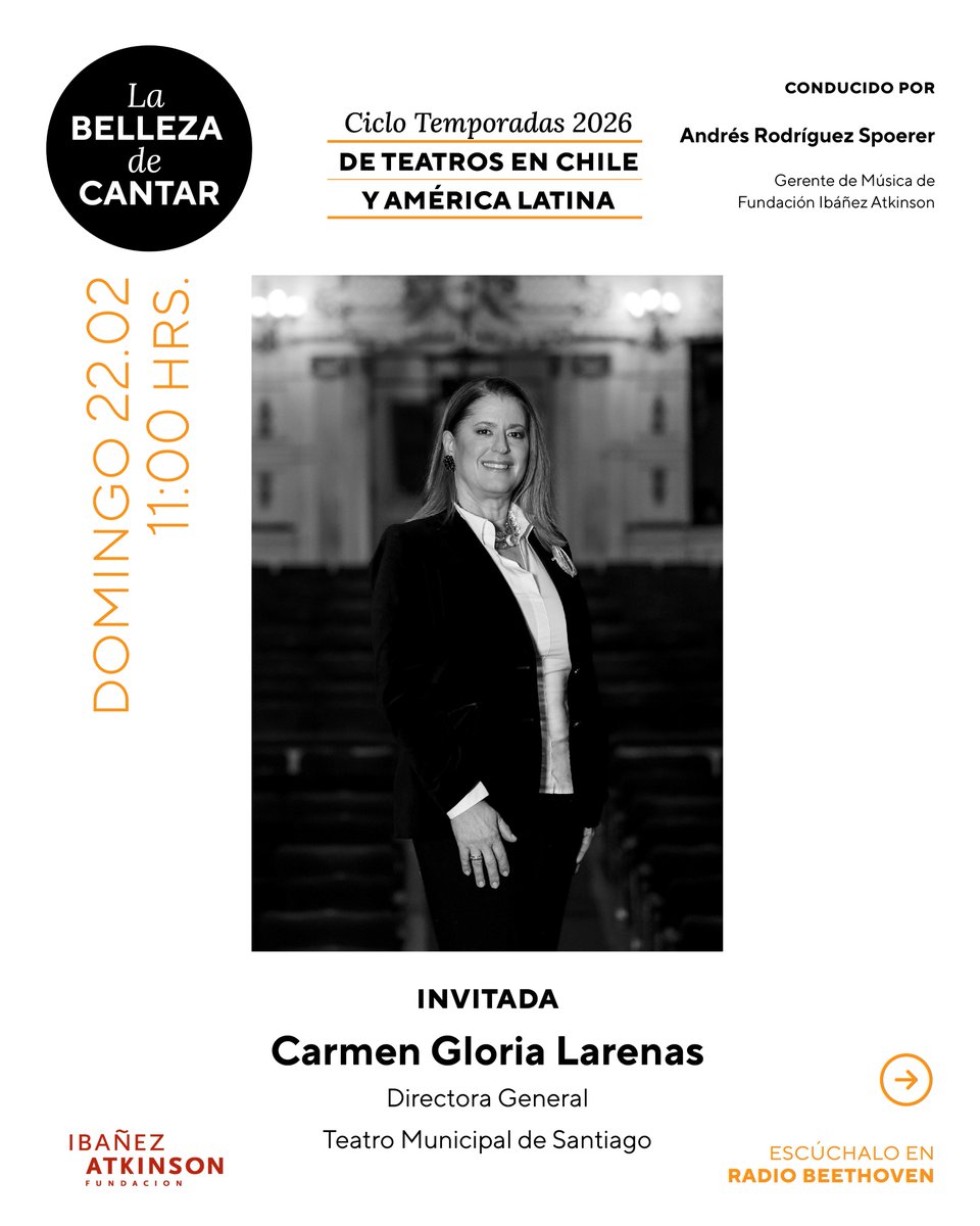 FIbanezAtkinson's tweet photo. .@CarmenLarenasF, directora general del @MunicipaldeStgo, nos acompañó recientemente en #LaBellezaDeCantar🎼. Si te perdiste la entrevista o quieres reescucharla, sintonízala este domingo a partir de las 11:00 horas en @RadioBeethoven👌 https://t.co/EYrYSmkkv8