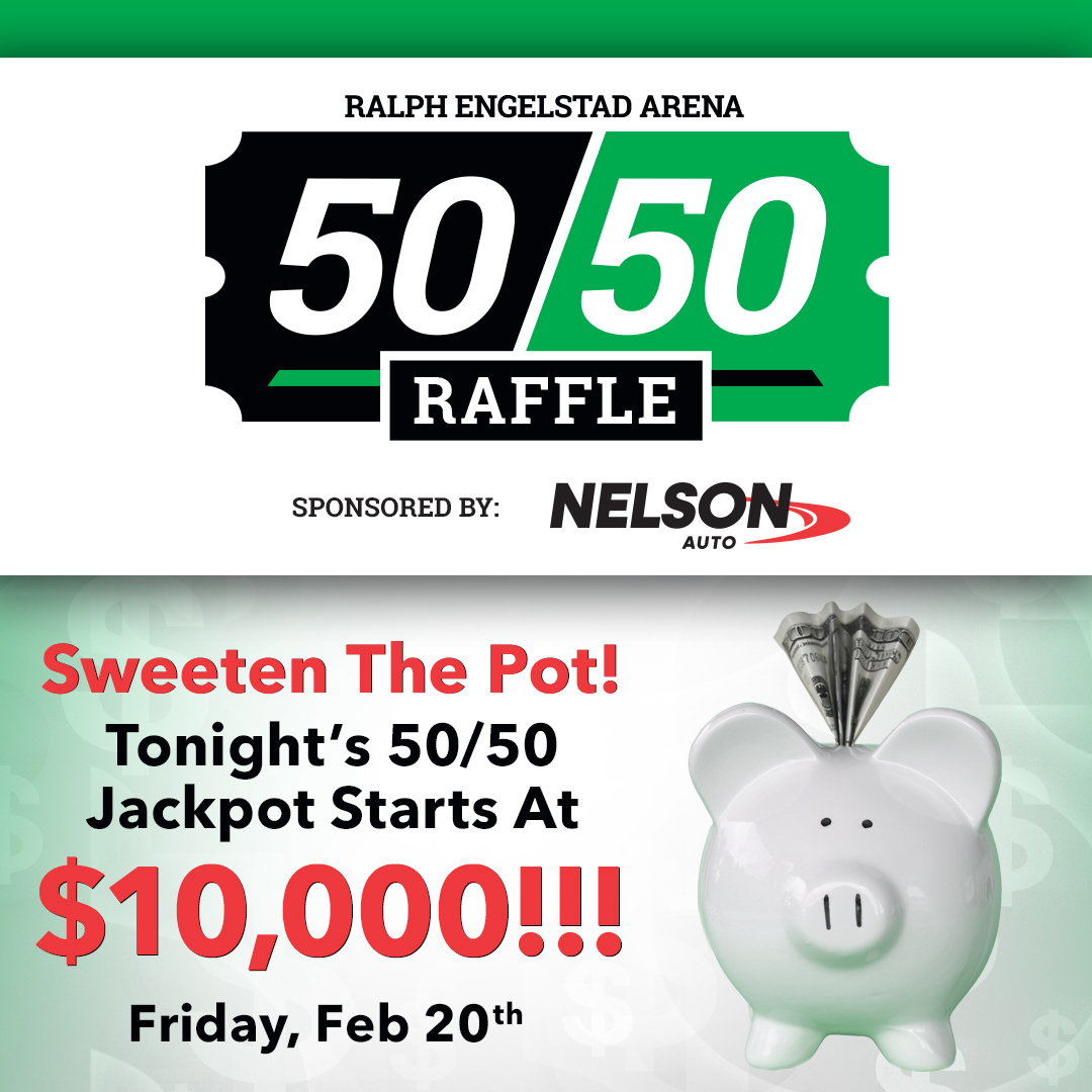 TheREA's tweet image. Tonight's 50/50 raffle jackpot 💰 has been sweetened 🍭 by $10,000! That means it starts at $10,000 and goes up from there!

Purchase 50/50 raffle tickets at any of the upper &amp;amp; lower level concourse kiosks. Proceeds benefit UND Athletics