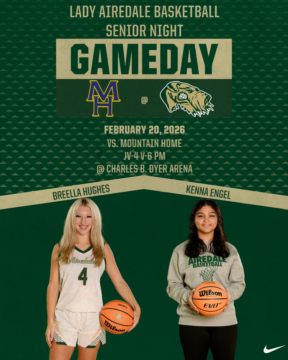 It’s GAMEDAY!! Senior Night Edition 💚💛‼️🏀 #daretobegreat 
🆚 Mountain Home
📍 Charles B. Dyer Arena
⏰ JV-4 V-6 PM
📺 YouTube (Alma School District)