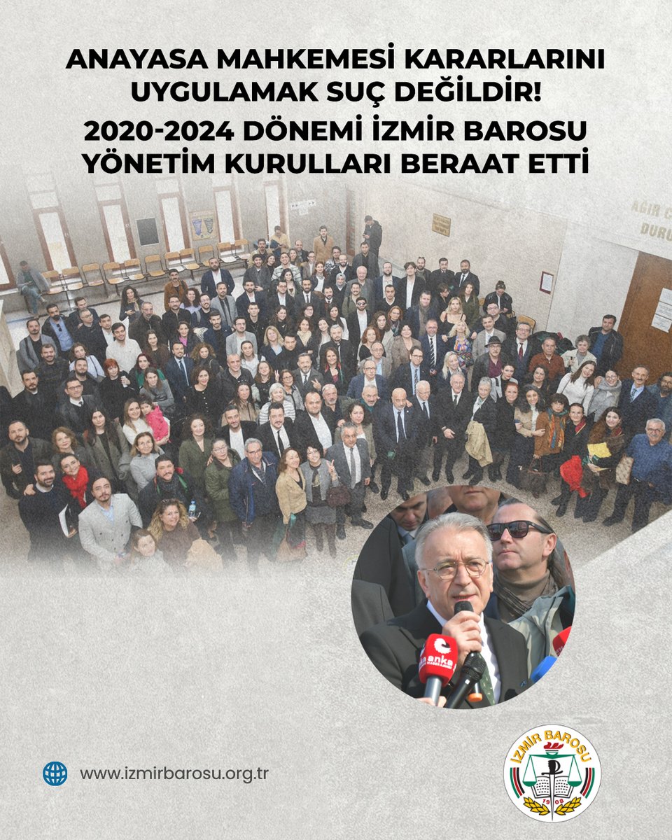 Anayasa Mahkemesi Kararlarını Uygulamak Suç Değildir!
2020-2024 Dönemi İzmir Barosu Yönetim Kurulları Beraat Etti

Anayasa Mahkemesi kararı doğrultusunda idari karar tesis ettiği için yargılanan İzmir Barosunun 2021-2022 ve 2022-2024 dönemi başkanları ve yönetim kurulu üyeleri