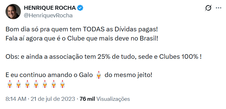danielmresende's tweet photo. @HenriquevRocha Henrique, por falar em ser Galo Contra e jogar contra o clube, como se sente torcendo por um clube sem dívidas? Consegue explicar pra nós? https://t.co/TR8FxAArPJ