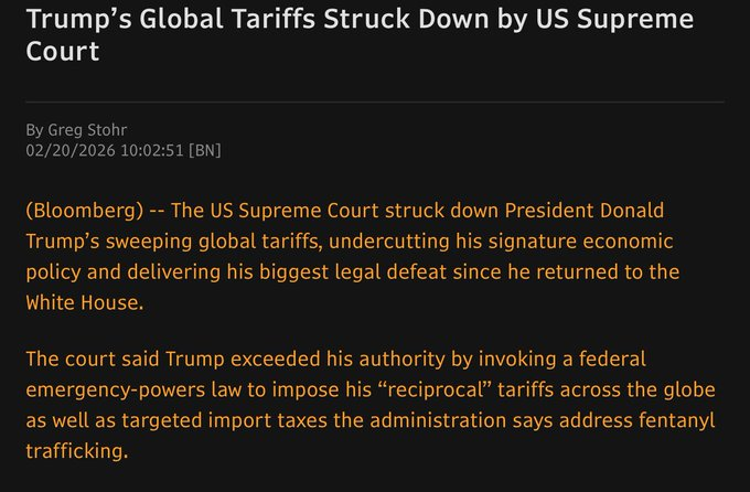 TRUMP’S GLOBAL TARIFFS STRUCK DOWN BY US SUPREME COURT