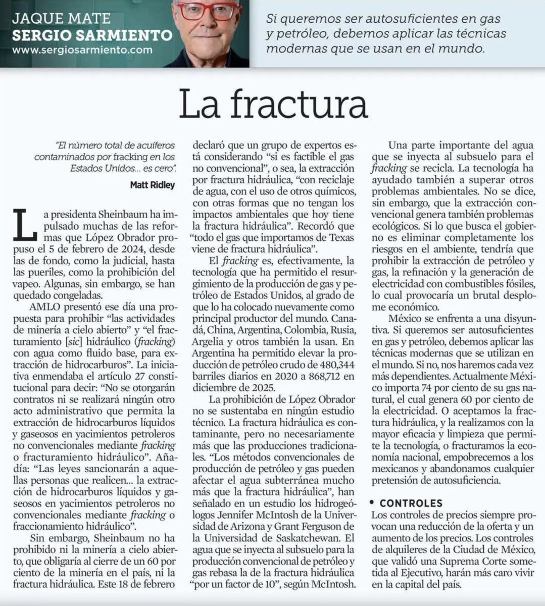 <a href="/SergioSarmiento/">Sergio Sarmiento</a> El argumento de la contaminación del ‘fracking’ resulta sarcástico cuando vemos a la refinería de Tula contaminando cotidianamente el Valle de México, afectando la salud de más de 30 millones de personas.

Y más aún, cuando el Tren Maya, que carece de beneficios económicos,