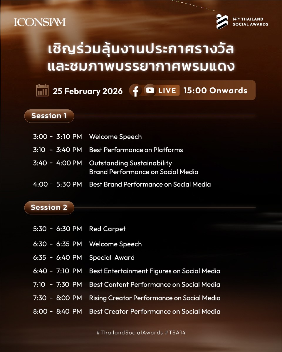 เปิด Agenda งาน Thailand Social Awards ครั้งที่ 14
.
ติดตามชมการประกาศผลรางวัลและภาพบรรยากาศการเดินพรมแดง  ได้ทาง Facebook และ YouTube Live ในวันที่ 25 กุมภาพันธ์นี้ เวลา 15.00  น. เป็นต้นไป
.
#ThailandSocialAwards #TSA14