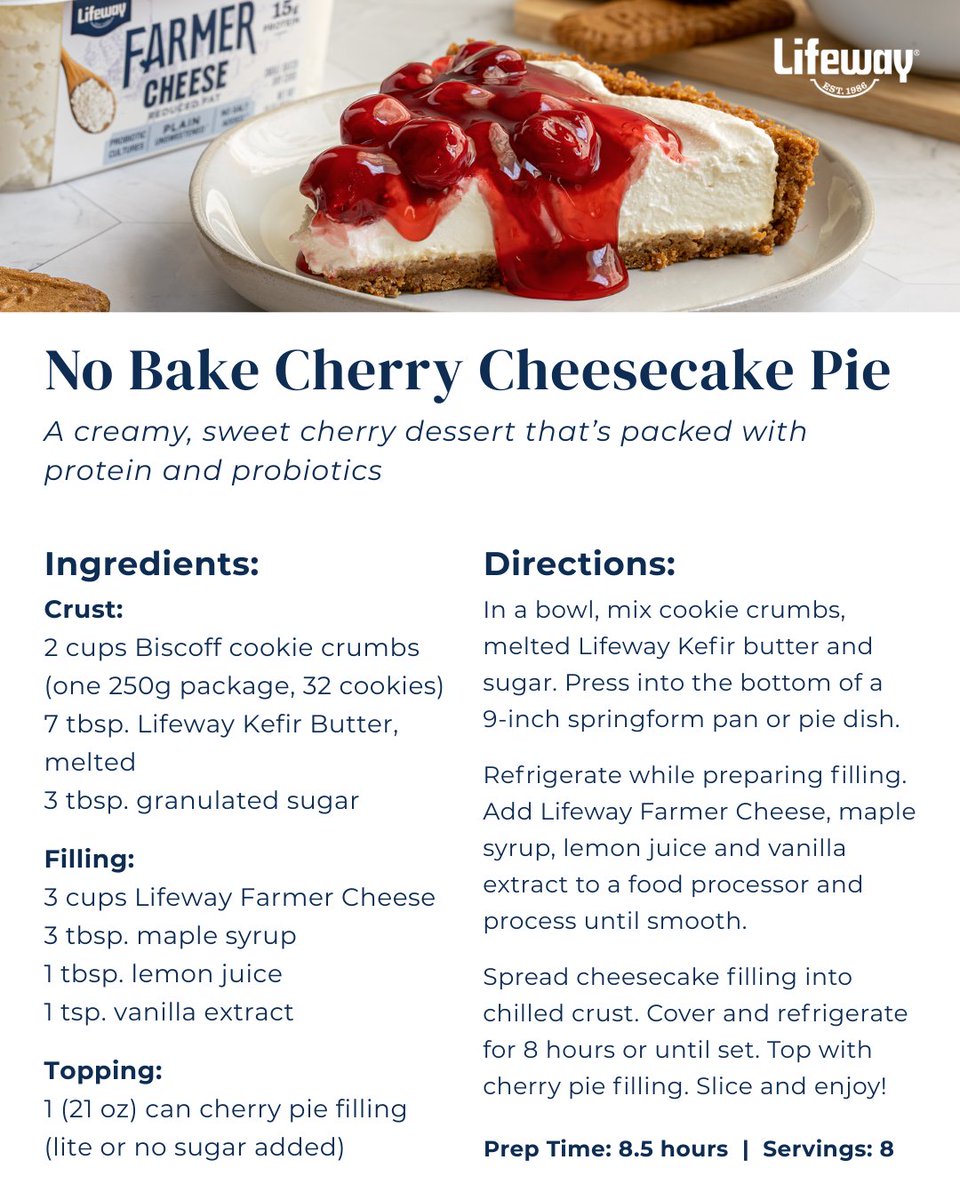 Did you wake up craving layers of cinnamon cookie crumble with a maple syrup-sweetened farmer cheese filling and cherries on top? 🍒 If so, try our No-Bake Cherry Cheesecake Pie made with Lifeway Farmer Cheese.