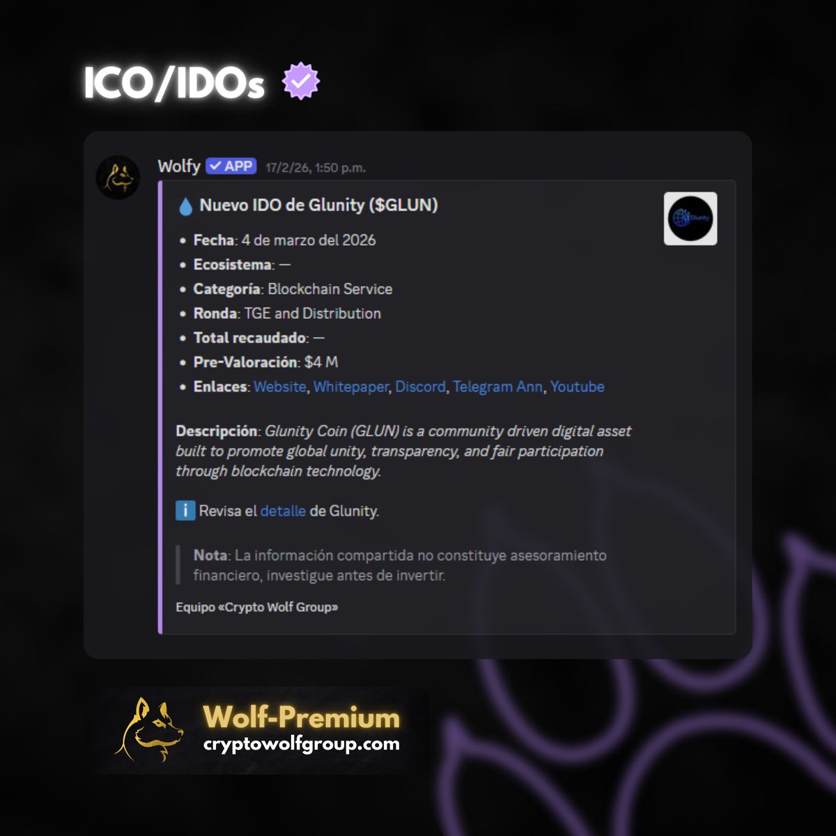 💧 IDO de Glunity ($GLUN) en camino

Impulsado por la comunidad, diseñado para promover la unidad global a través de la tecnología blockchain, con énfasis en transparencia total y participación justa.

Pre-Valoración de U$D 4M 💰

⭐ Detalles + updates en Wolf-Premium