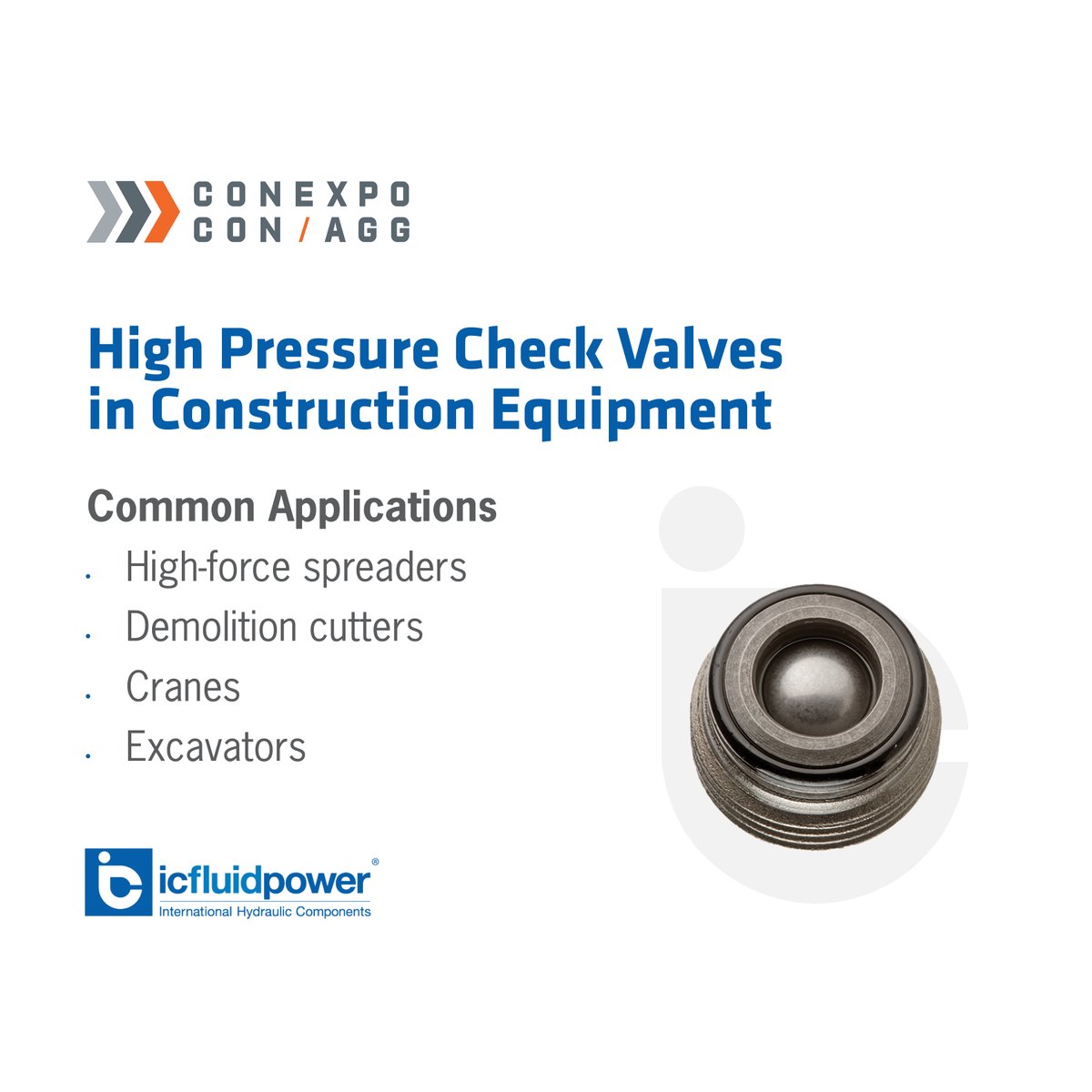 ICFluid's tweet photo. ⬆️ High-pressure hydraulic check valves are used in the construction industry to control flow and prevent backflow in compact applications. This includes demolition tools and mobile machinery. We'll be showcasing these in a few weeks at our booth #S83340, March 3-7, in Las Vegas! https://t.co/qQc8oXPcXP