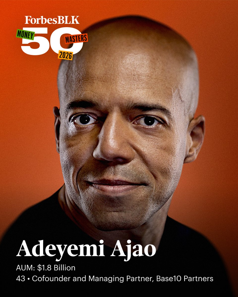 A Forbes Midas List honoree, Ajao is a serial investor and cofounder and managing Partner of Base10 Partners, the first Black-led venture capital firm to reach $1 billion in assets.

See the full list: 
forbes.com/sites/jabariyo… #ForbesBLK50 (Photo: Cody Pickens for Forbes)