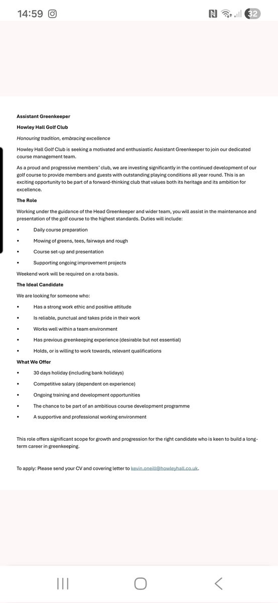 We're hiring. Assistant Greenkeeper position <a href="/HowleyGC/">Howley Hall GC</a>