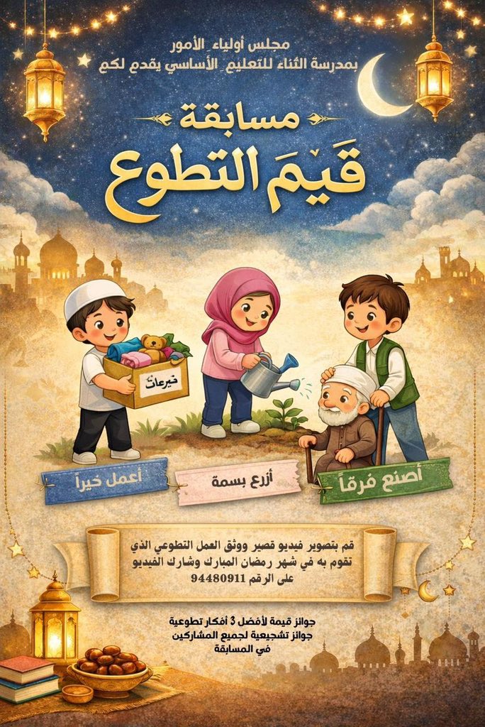 EduGovSbt3332's tweet photo. 🌟 مسابقة قيم التطوّع 🌟

عباقرتنا ندعوكم للمشاركة في مسابقة قيم التطوع خلال شهر رمضان المبارك، لنزرع الخير، ونرسم البسمة، ونصنع الفرق معًا 💛

شعاراتنا:
أصنع فرقًا
ازرع بسمة
أعمل خيرًا

⏰ آخر موعد للمشاركة: 15 مارس 2026

 #فعاليات_تعليمية_جنوب_الباطنة https://t.co/mo0c9RRS22