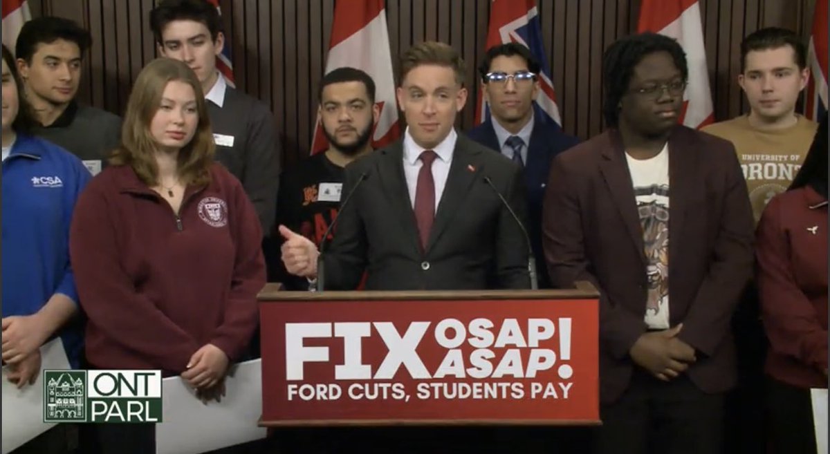 NEW - At Queen’s Park this morning, Liberal MPP <a href="/tylerwatt90/">Tyler Watt 🇨🇦</a> is up with student leaders speaking out against the Ford government’s announced changes to OSAP that will see funding for eligible students change to a maximum of 25% in grants, the rest will be repayable loans.