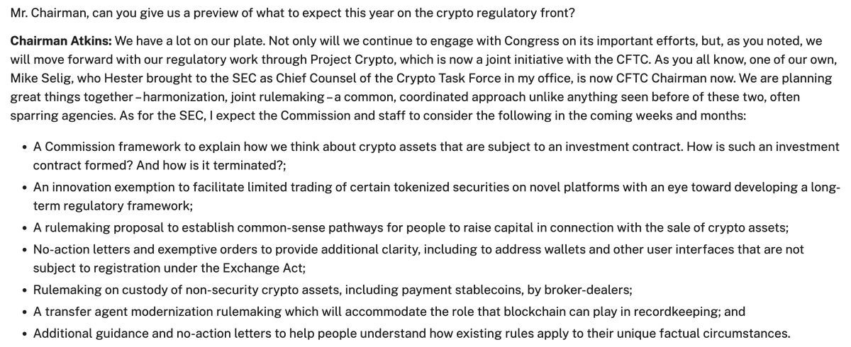 Crypto_Retardio's tweet photo. As expected...SEC Chair Paul Atkins:

“...issuers that want to tokenize their securities could work with a transfer agent or other tokenization agency to tokenize their securities so that they can be traded onchain in AMMs or other trading systems, environments or platforms that offer decentralized liquidity.”

This is generally considered impossible under the existing law, and it means that tokenized assets are coming to DeFi systems in mass.

The best time to learn the blockchain is now.