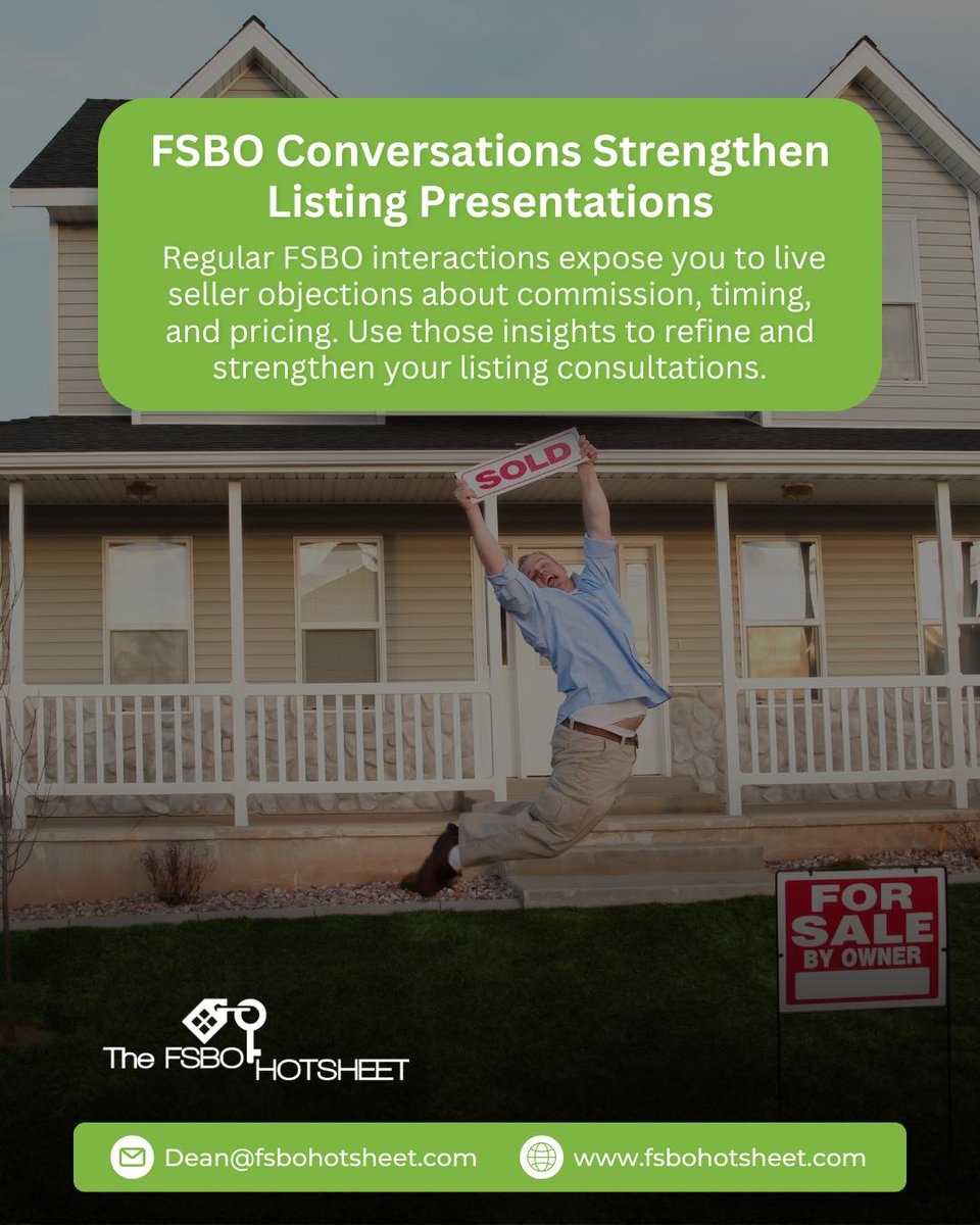 coachdeanayers's tweet image. FSBO conversations give you direct insights into pricing and motivation. Use these real-time objections to refine your listing presentations and convert more sellers.

👉 Strengthen your listing presentations in your area. ⁣
⁣
#FSBOLeads #ListingAgent