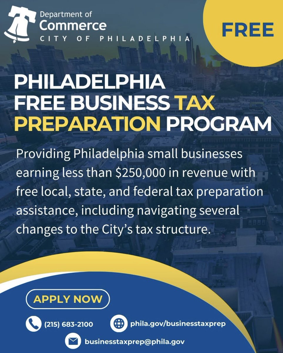 CM_JimHarrity's tweet image. Philly small businesses earning under $250K — you may qualify for FREE local, state &amp;amp; federal tax prep assistance through the City’s Business Tax Preparation Program.

📞 215-683-2100
🌐 phila.gov/businesstaxprep

#PhillyBusiness #SmallBusinessSupport