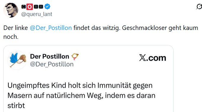 Nee, wir finden das nicht witzig. Aber wichtig in einer Zeit, in der dank Impfgegnern wieder weltweit mehr Kinder an den Masern sterben.

Witzig finden wir aber sehr wohl, dass sich zarte rechte Schneeflocken von so etwas triggern lassen.