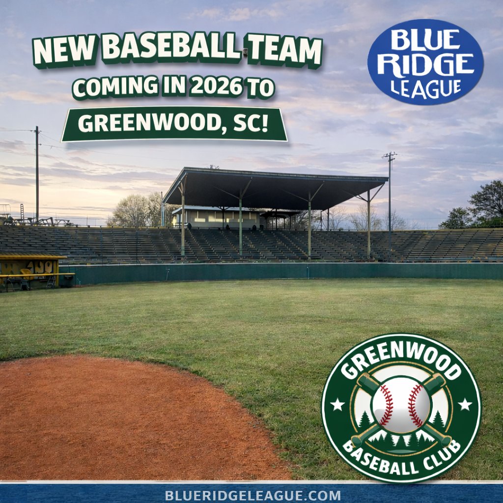 brlbaseball's tweet photo. The Blue Ridge League is headed to Greenwood, SC this summer! The soon-to-be named franchise will play out of historic Legion Field, former home of the affiliated Greenwood Braves (1968–1979) and Greenwood Pirates (1981–1983). Read more at our league website. @MiLBPromos @ScGwd https://t.co/IljrZjxitG