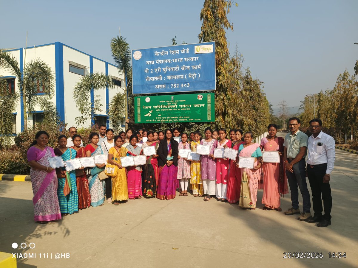 MssoSilk's tweet photo. Farmers’ Skill Training Programme – EBSF Topatoli
The Farmers’ Skill Training Programme organized by CSB–MESSO, EBSF Topatoli was successfully conducted from 18–20 February 2026. Back-to-back theory and practical sessions were held, receiving very positive feedback from participating farmers.
The valedictory session was attended by Shri M. H. Choudhury, State Deputy Director, Department of Sericulture, Assam, along with the Extension Officer, Kamrup, marking the successful completion of the programme.
#EriSilk 
@LalithaNM2010 @EBSFCSB2020 @IfsSivakumar @csbmot @TexMinIndia @PIBTextiles