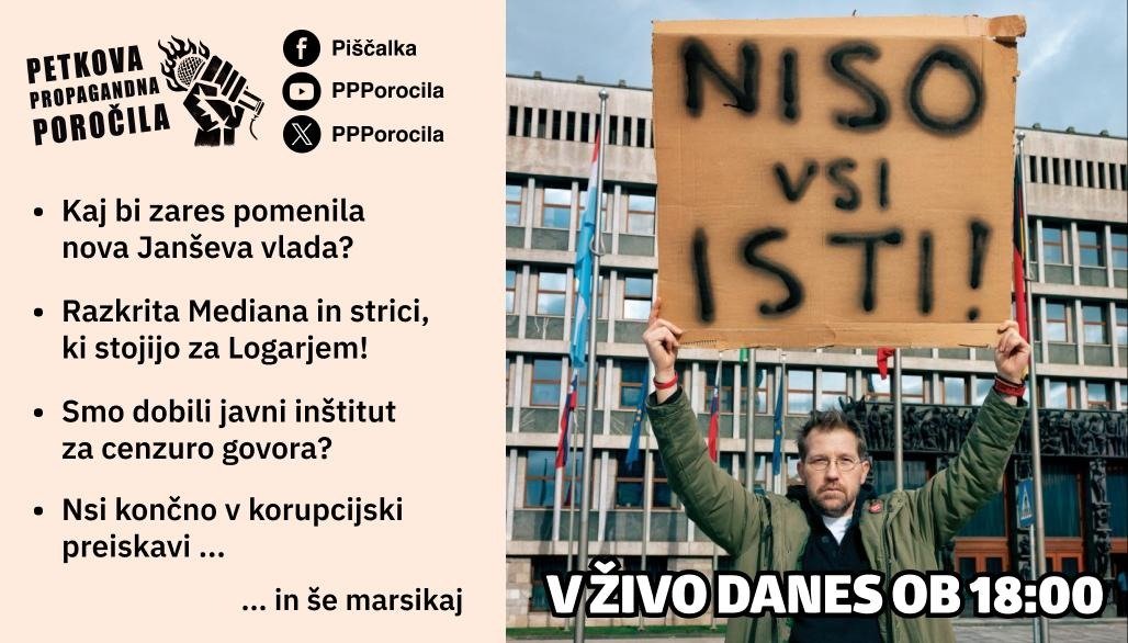 🪧 V ŽIVO OB 18:00 🪧

Kaj bi nam v resnici prinesla 4. Janševa strahovlada? Zakaj se resnična globoka država tako zagnano bori, da bi Logarja spravila v parlament? Kaj je skrivnostni inštitut Trivelis, ki poskuša utišati izražanje mnenj o svetovni politiki? Kako so v Nsi