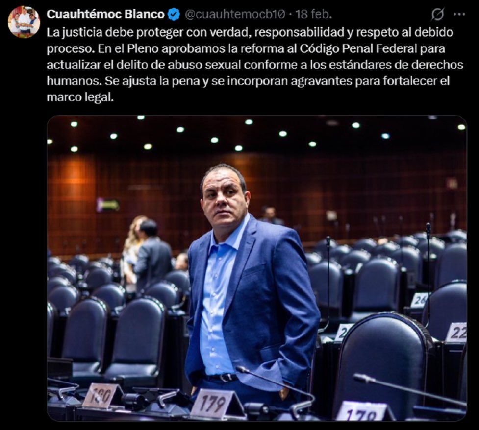 La broma del día. Cuauhtémoc Blanck celebra la nueva reforma sobre abuso sexual.