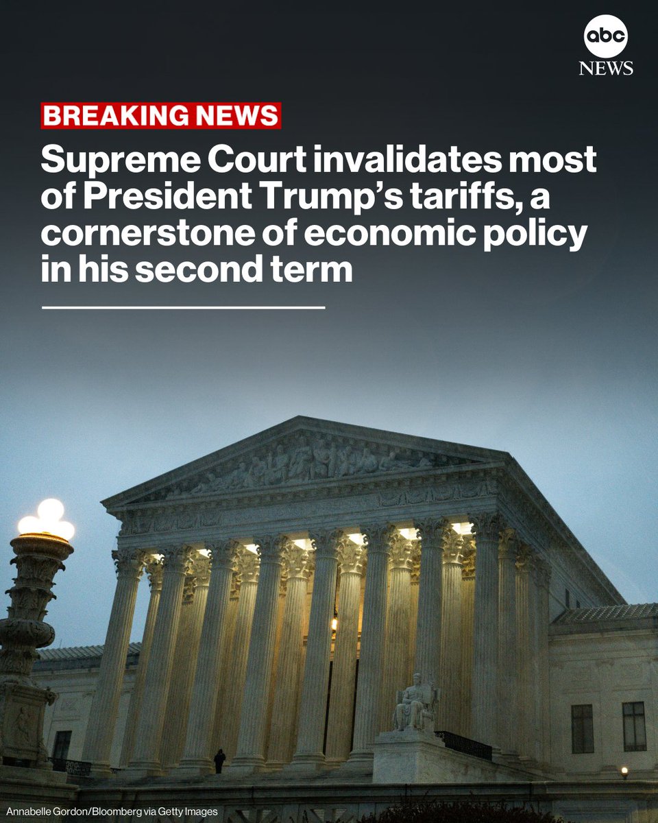 BREAKING: The Supreme Court on Friday invalidated most of President Trump's tariffs, a cornerstone of economic policy in his second term.
 
Read more: abcnews.link/yKOiTeJ