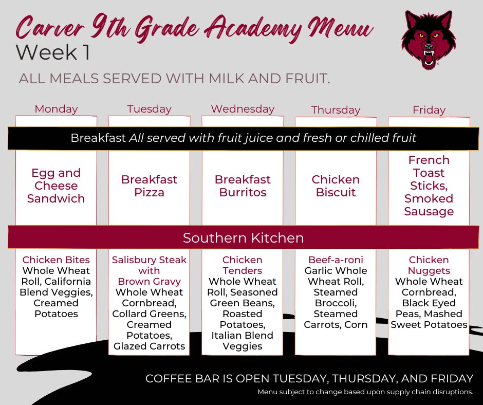 We re-start our cycle menu next week! See you in the lunchlines, Carver 9th Grade Academy!

*Menus are subject to change due to supply chain issues. Thank you for your patience and understanding!

#lovedothan #dothancityproud #lovedothancityschools #DothanAL #DothanAlabama