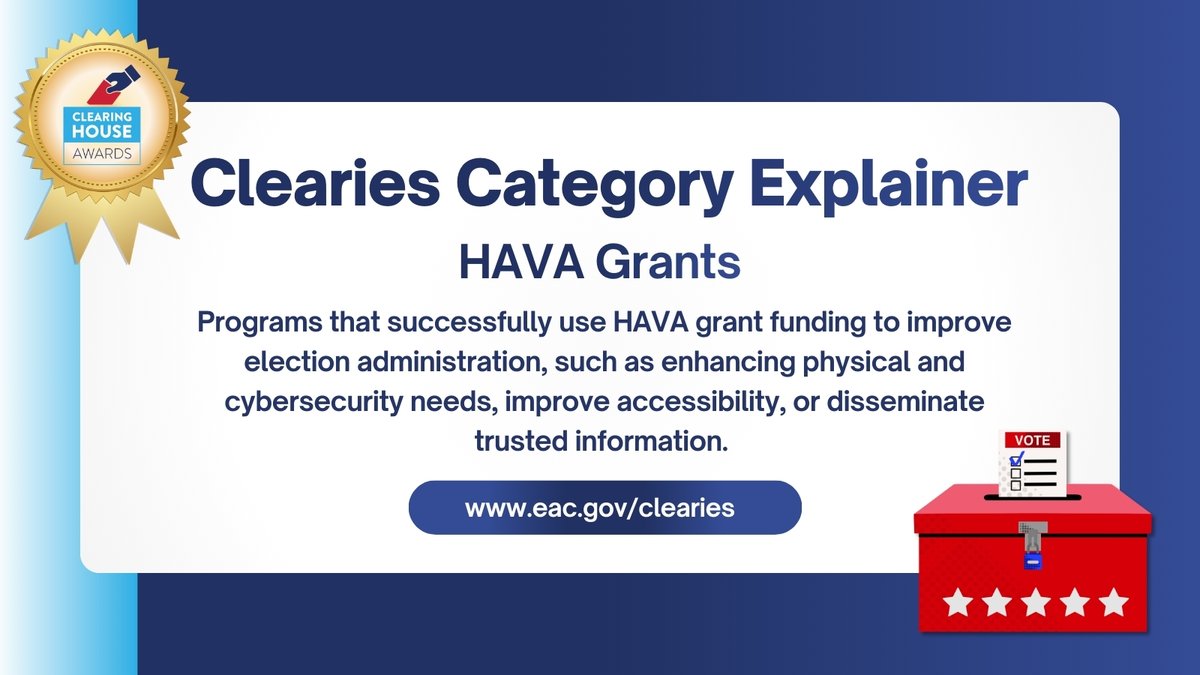 Nominate your election office today for the <a href="/EACgov/">Election Asst. Comm.</a>'s #2025Clearies! Show how your office used HAVA grants to improve election administration, such as enhancing accessibility and security, and sharing trusted information.

🔗 Apply here: eac.gov/clearies