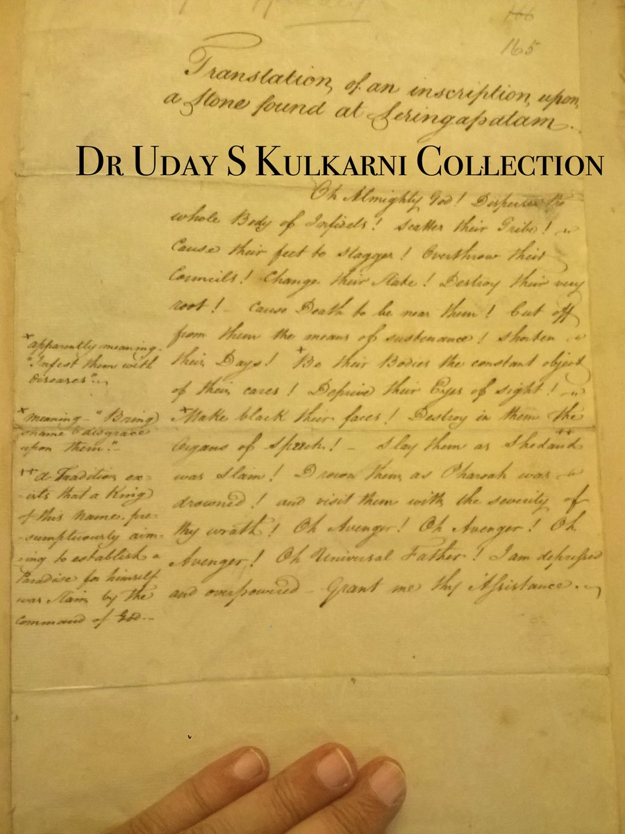 Translation of an Inscription found on a Stone at Srirangapatnam (after 4 May 1799)

Oh Almighty God! Disperse the whole body of Infidels! Scatter their tribes! Cause their feet to stagger! Overthrow their Councils! Change their State! Destroy their very root! Cause Death to be