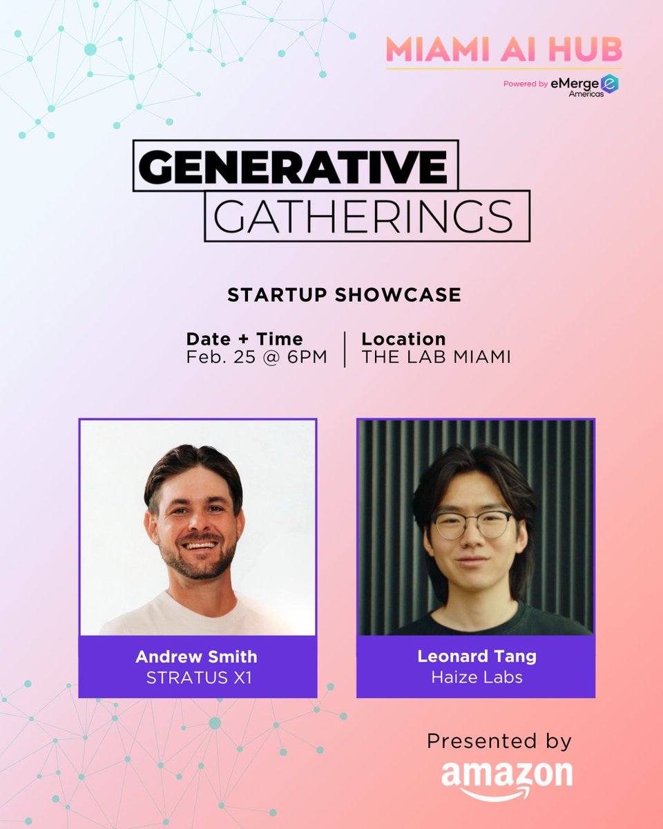 miamiaihub's tweet image. Join us for our February Generative Gathering, featuring an insightful conversation with our Keynote Dhiraj Mahapatro, Principal Specialist Solutions Architect for Agentic AI at Amazon Web Services @awscloud, followed by a startup showcase with @StratusWorld  and @haizelabs.
