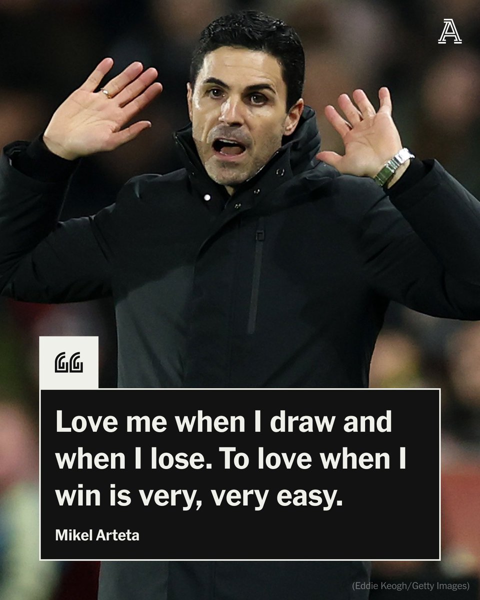 TheAthleticFC's tweet image. Mikel Arteta has called for Arsenal fans to “love me after I draw and I lose” and not just when the side is winning.

The Premier League leaders have drawn successive Premier League matches against Brentford and Wolves, and have won just two of their last seven league games.