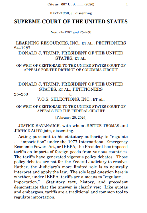 EricLDaugh's tweet image. 🚨 BREAKING: Supreme Court Justices Clarence Thomas, Sam Alito and Brett Kavanaugh HELD THE LINE, siding with President Trump in a LENGTHY dissent in favor of the tariffs

"The President’s power under IEEPA to 'regulate... importation' encompasses tariffs."

"As a matter of