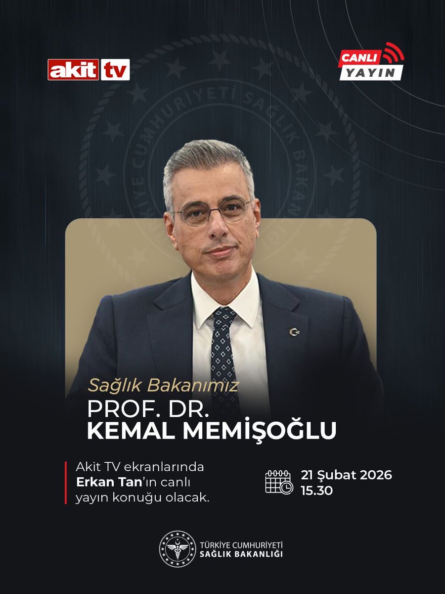 Sağlık Bakanımız Prof. Dr. Kemal Memişoğlu, Akit TV ekranlarında Erkan Tan’ın canlı yayın konuğu olacak. 

🗓️ 21 Şubat 2026
🕚 15.30
📺 Akit TV