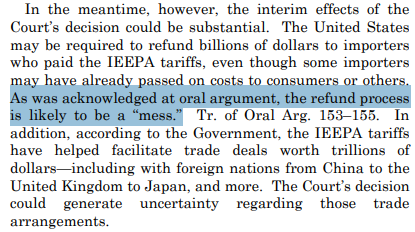 US SUPREME COURT ON TARIFF REFUNDS:

"The refund process is likely going to be a mess."