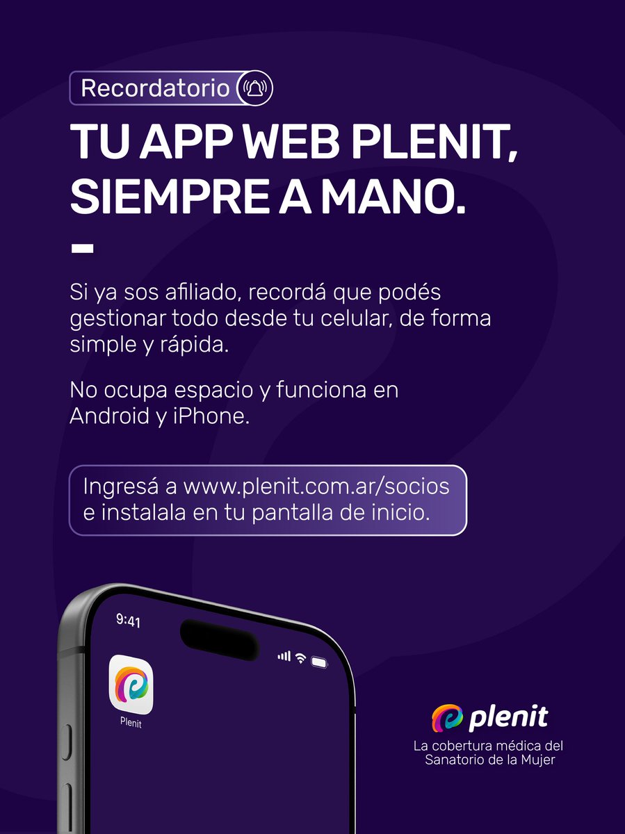 📲 Tu App Web Plenit, siempre a mano.

Si ya sos afiliado, podés gestionar todo desde tu celular de forma simple y rápida.
No ocupa espacio y funciona en Android y iPhone.

✔️ Credencial digital
✔️ Cartilla actualizada
✔️ Trámites online

Ingresá a 👉 plenit.com.ar/socios