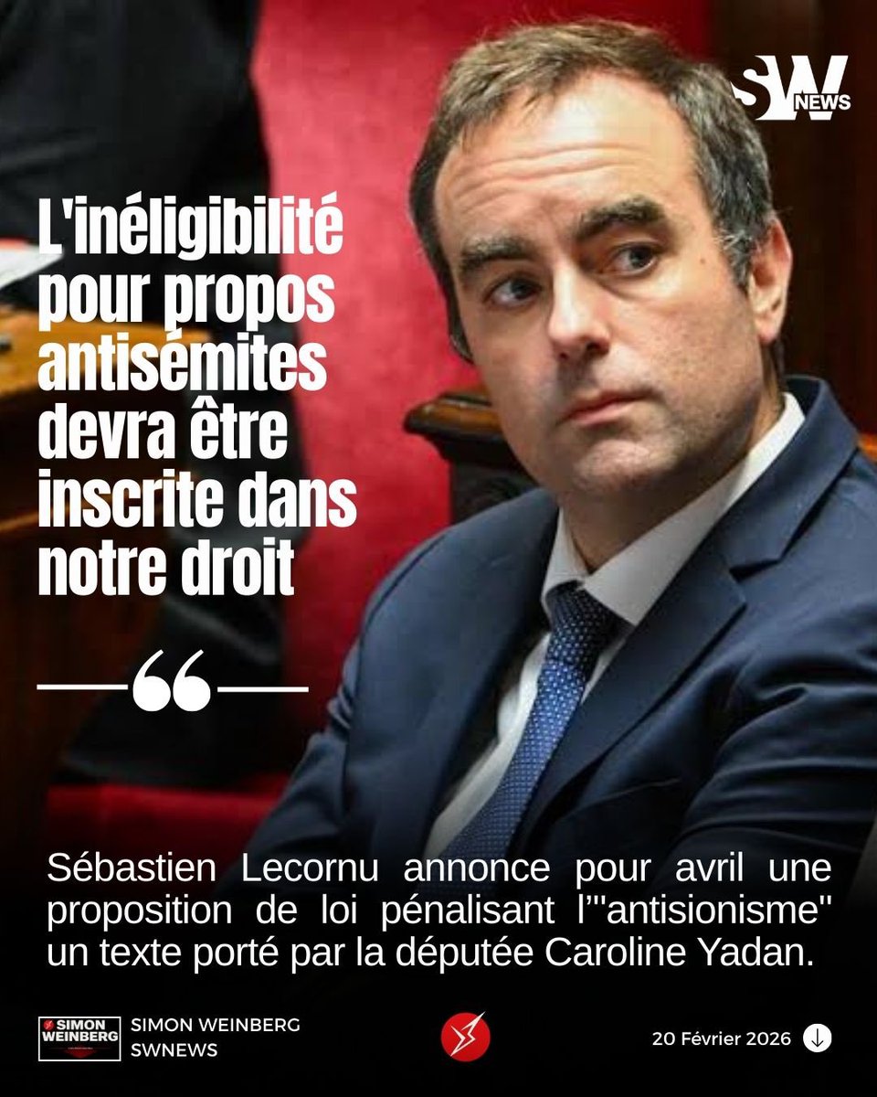 🔴🇫🇷 | ANTISÉMITISME > Sébastien Lecornu annonce pour avril une proposition de loi pénalisant l’"anti sionisme" un texte porté par la députée Caroline Yadan. La proposition de loi vise à pénaliser l’antisionisme comme forme d’antisémitisme, en élargissant le délit d’apologie du