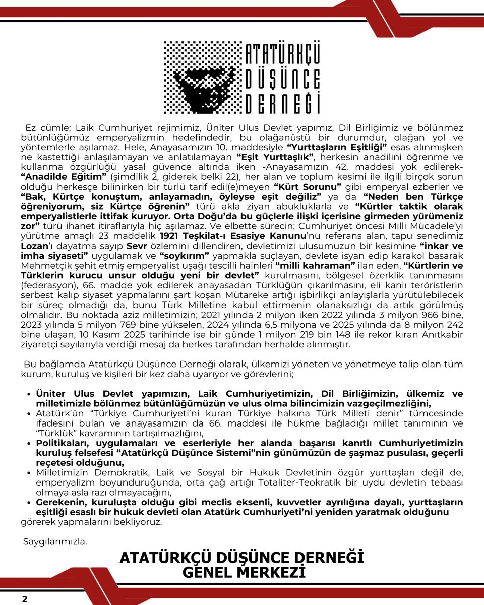 BASINA VE KAMUOYUNA

PAROLAMIZ TEKTİR VE DEĞİŞMEZ
YA İSTİKLÂL, YA ÖLÜM! (4)

Cumhuriyetimizin 103 yıllık yaşamının en kritik dönemini yaşadığı, içeriden ve dışarıdan emperyal güdümlü ciddi saldırılarla karşı karşıya olduğu açıktır.

Afganistan, Irak, Libya, Sudan, Somali, Yemen