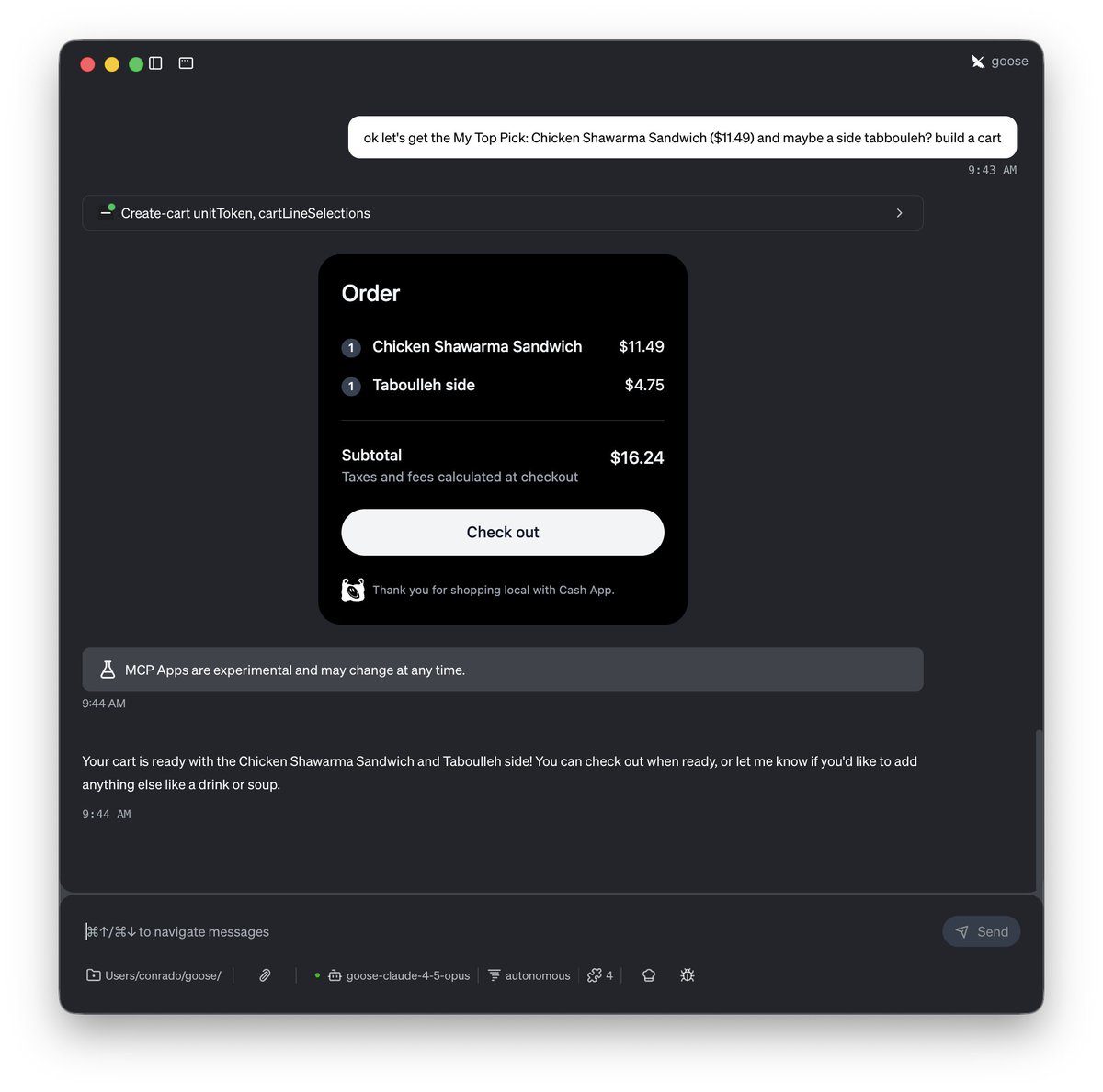 cbr4444's tweet photo. We shipped the Neighborhood extension to all @goose_oss  developers. You can now agentically order breakfast, lunch and dinner. Try it out, and build on top of it! https://t.co/Wly1AoBc2A https://t.co/9LeX35N5uG
