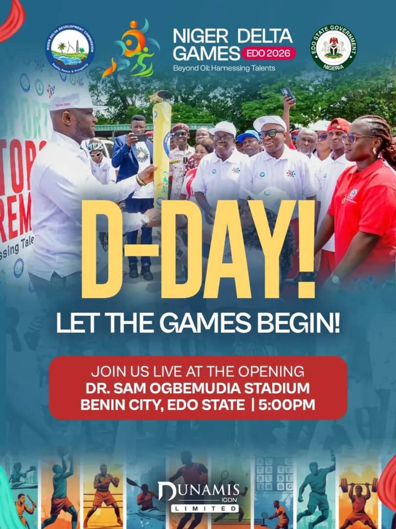 Today is the Day! 

The stage is set. 

The Niger Delta Games Edo 2026 officially begin today!

Join us live at the Dr. Sam Ogbemudia Stadium, Benin City by 5PM as we celebrate talent, unity, and the spirit of competition.

Let the Games begin! 
#nddc