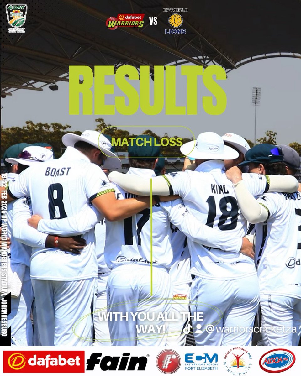 WarriorsCrickEC's tweet image. Match Results | CSA 4-Day Series

And so ends the 2025/26 #4DaySeries 

Our Dafabet Warriors had a superb performance the entire tournament long. It's just wasn't ours to win at the⚔️

#WozaNawe #4DaySeries
#WarriorWay #DafabetWarriors