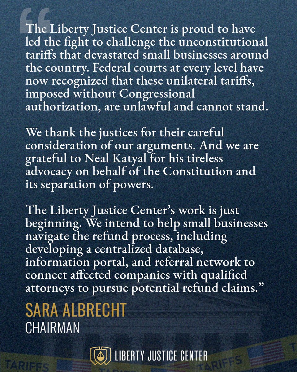 LJCenter's tweet image. Federal courts at every level have now recognized that these unilateral tariffs, imposed without Congressional authorization, are unlawful and cannot stand.

Our statement on the Supreme Court's decision in V.O.S. Selections, Inc. v. Trump
@sarawynne @neal_katyal @JeffreyMSchwab