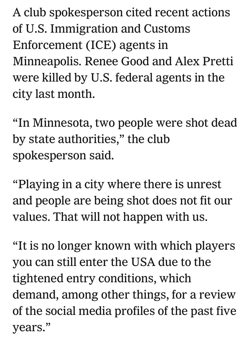 German Bundesliga club Werder Bremen have cancelled their USA trip to Minneapolis naming ICE's killing of Renee Good and Alex Pretti, visa regulations among things misaligning with the club’s values.

nytimes.com/athletic/70594…

(via <a href="/TheAthleticFC/">The Athletic | Football</a>'s <a href="/Millar_Colin/">Colin Millar</a> &amp; <a href="/SebSB/">Seb Stafford-Bloor</a>)