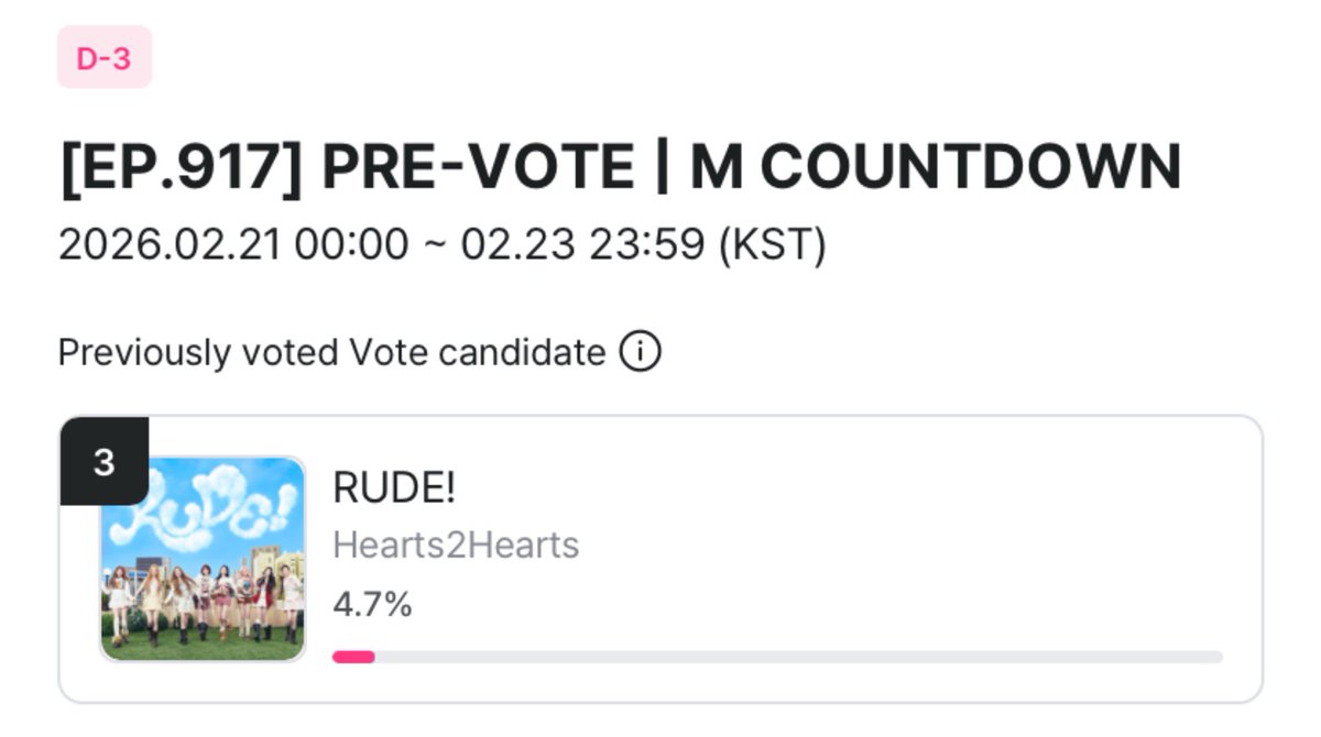 [🗳️] M COUNTDOWN PRE-VOTE

PRE-VOTING M COUNTDOWN is OPEN! S2U, cast your votes for Hearts2Hearts!

Please vote for #Hearts2Hearts  

M COUNTDOWN PRE-VOTING
📍 : Mnet Plus (App)
🗓️ : 21 Feb ~ 23 Feb, 23.59 KST
✅ : 5 votes per account per day

🚨 S2U, we’re still unsure about M